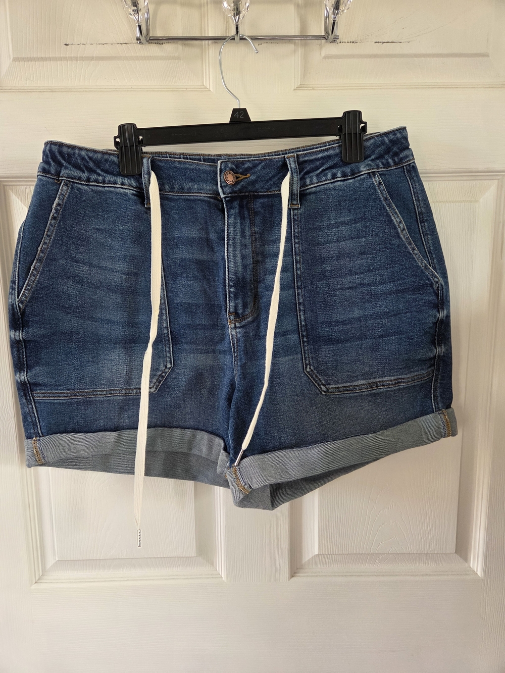 Judy Blue Mid/Dark Blue Drawstring Rolled Hem Jean Shorts